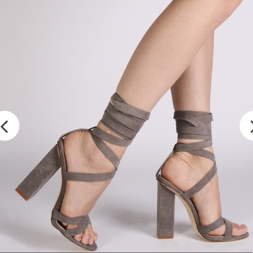 Gray suede lace up heels